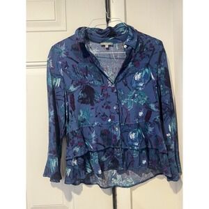 Habitat Women's Off The Vine Double Flounce Shirt S Floral Cobalt Botanical